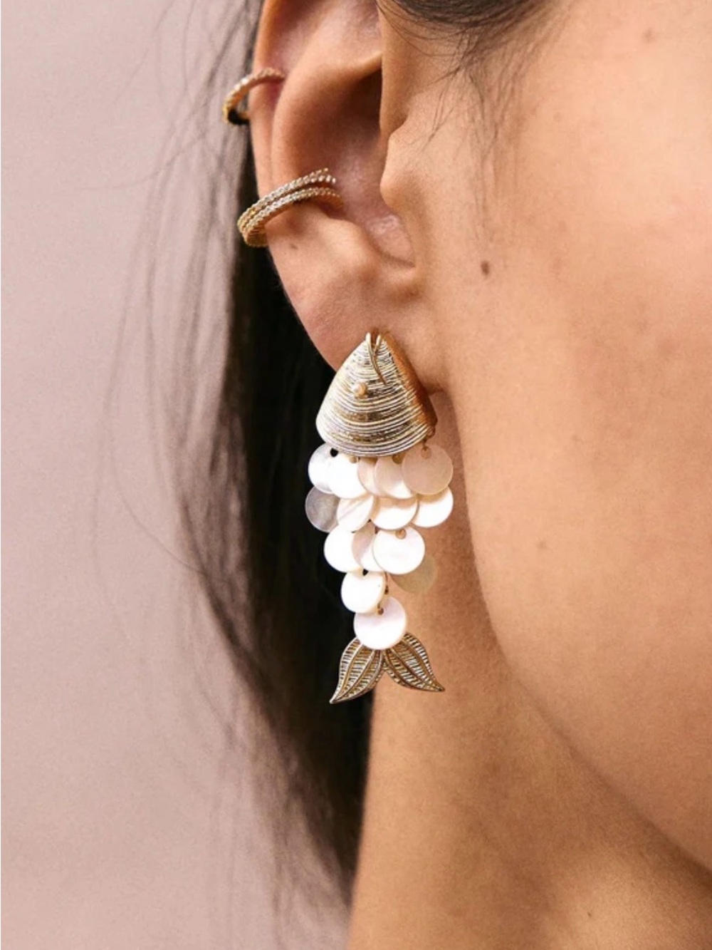 BaubleBar Gold and White Shell Cascade Drop Earrings
